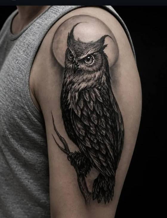 Tatuagem: Coruja da lua cheia, feita no estúdio Wildcat Tattoo